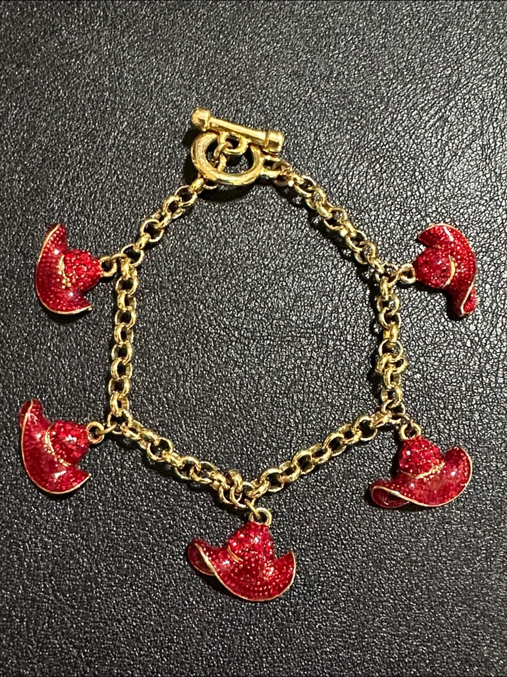 Red Hat Society Vintage Charm Bracelet Gold Tone Pavé Crystals